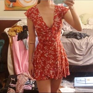Zaful Red Orange Floral Wrap Mini Dress